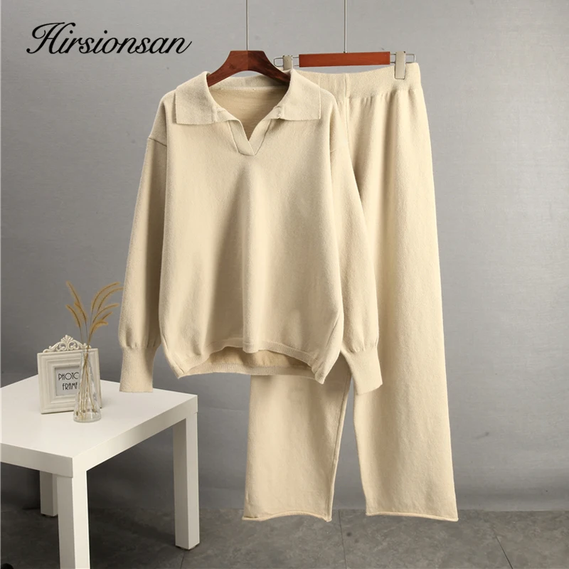 Hirsionsan Winter Thick Women Knitted Suits Soft 2 Pieces Cashmere Female Sets Polo Neck Sweater & Wide Leg Pants Knitted Outfit