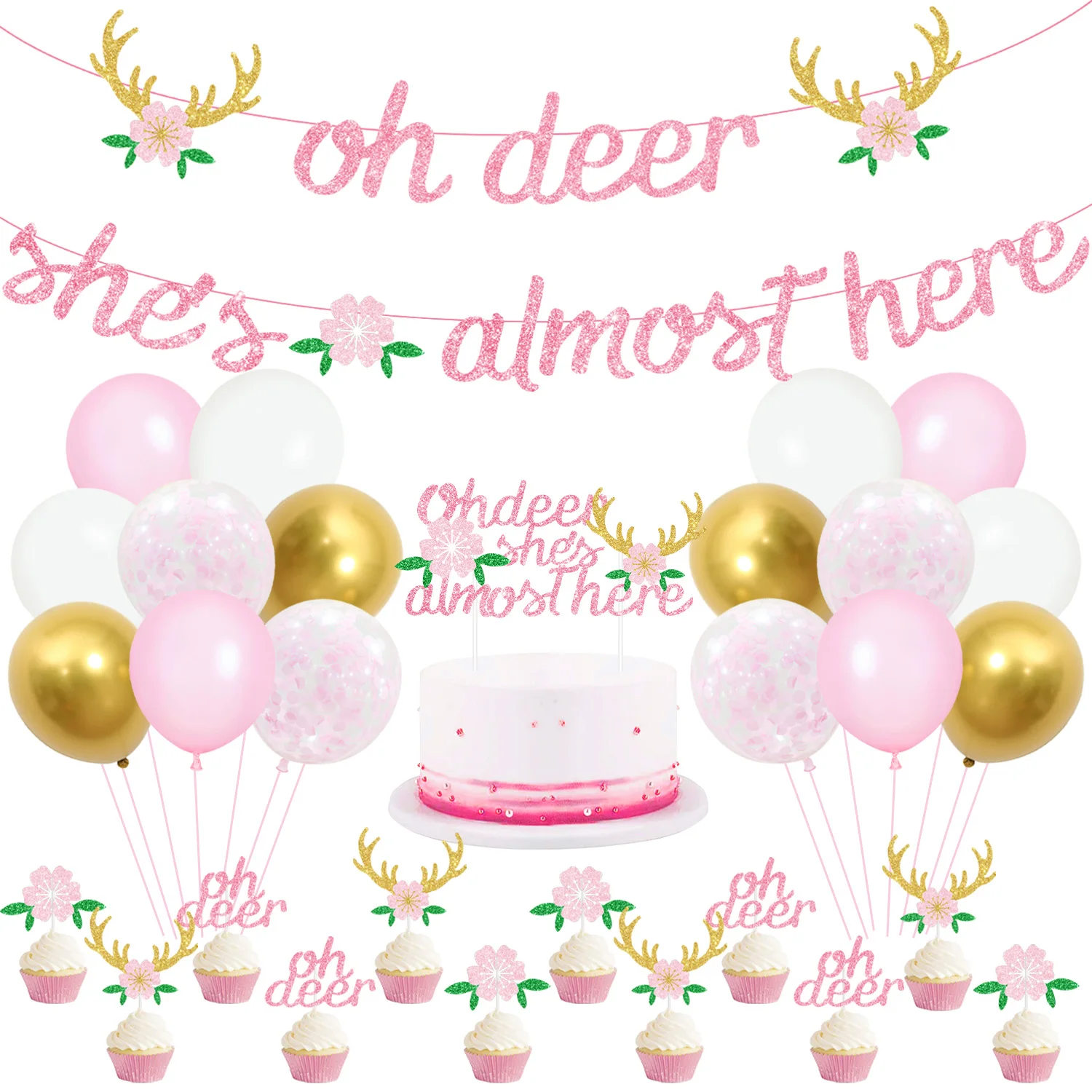 

JOYMEMO Pink Deer Themed Baby Shower Decorations Oh Deer She's Almost Here Banner Cake Topper Balloon for Girl Birthday Party