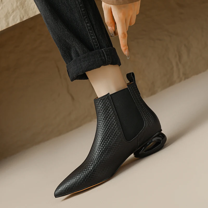 2025 New Women Ankle Boots Fashion Design Strange Heels Mature Shoes Woman Genuine Leather High Quality Office Lady Basic Boots