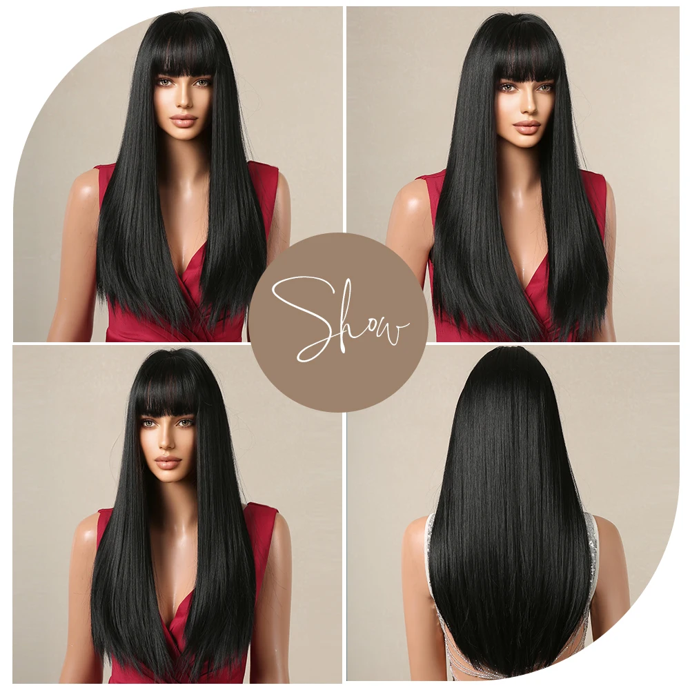 Long Straight Black Synthetic Hair Wigs with Bangs Natural Black Hair Wigs for Women Daily Party Cosplay Use Heat Resistant 26in