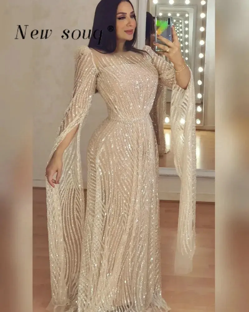 Customized Champagne Sparkle Cape Sleeves Arabic Dubai Evening Dresses Elegant Beaded Sequins Prom Gown Wedding Guest Party Wear