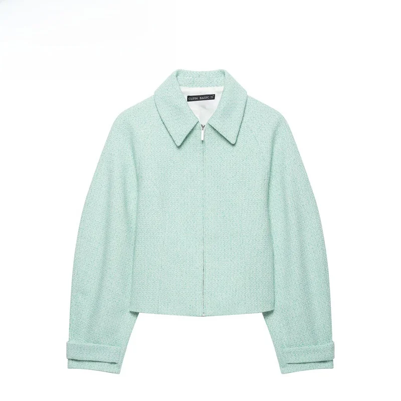 Fashionable Zipper Texture Jacket Women's Short Outerwear Versatile Style Standard Fit Long Sleeve Polyester Fiber Flip Collar