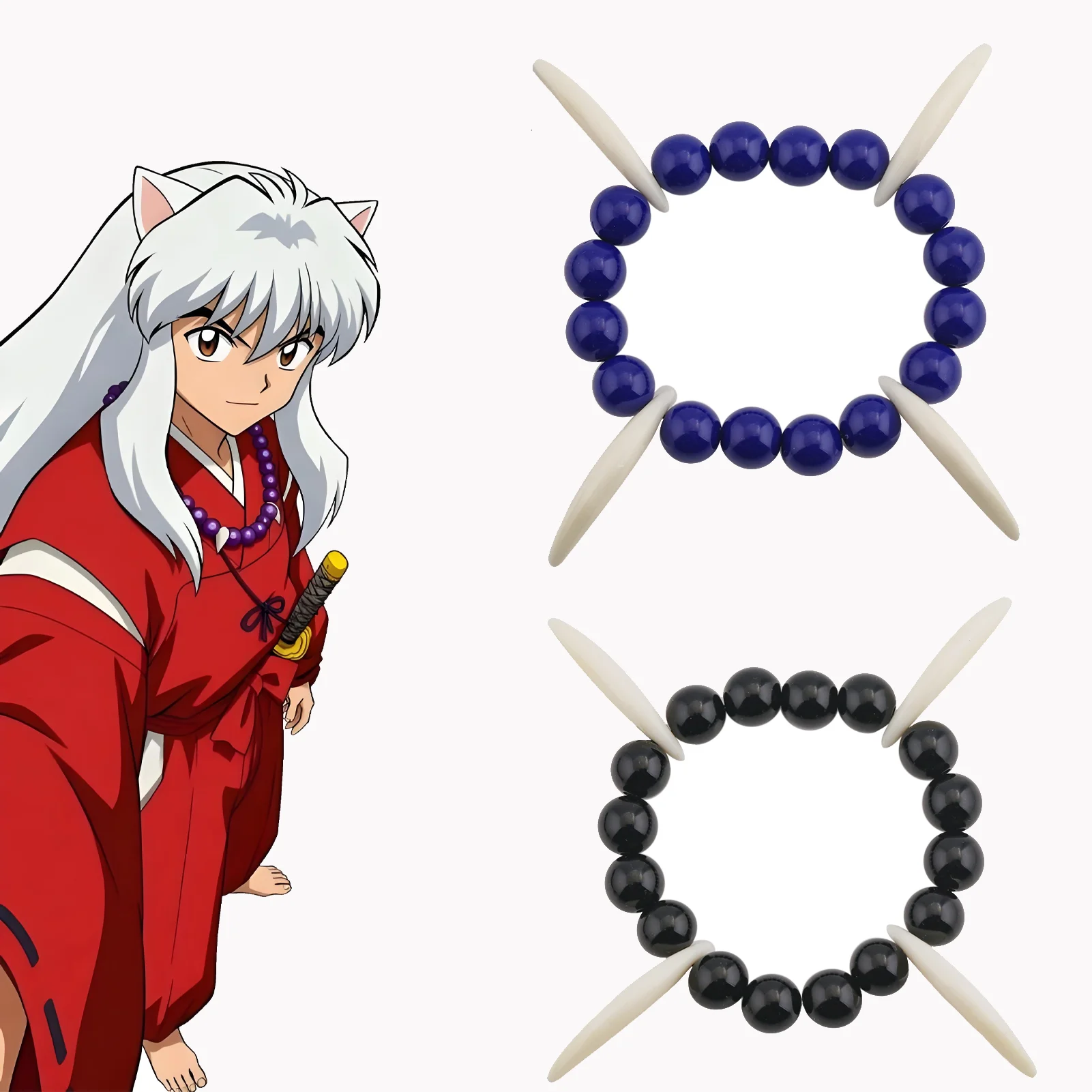 Pulseira Rosário Espírito do Mundo Inuyasha Anime, com Contas Pretas e Azuis e Espinhos de Osso, Joia de Cosplay, Presente para Fãs