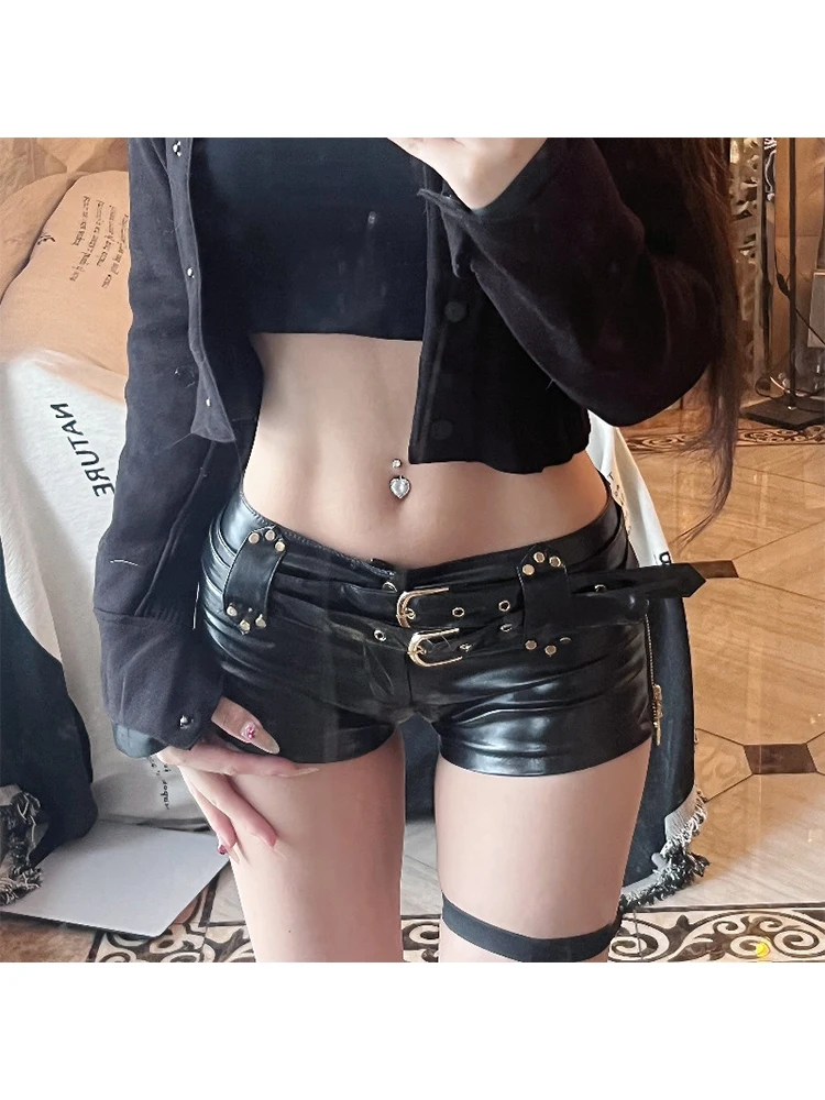 Women Black Gothic Leather Shorts Vintage Low Waist A-line Mini Shorts Y2k Harajuku Korean Short Pants Trashy Emo 2000s Clothes