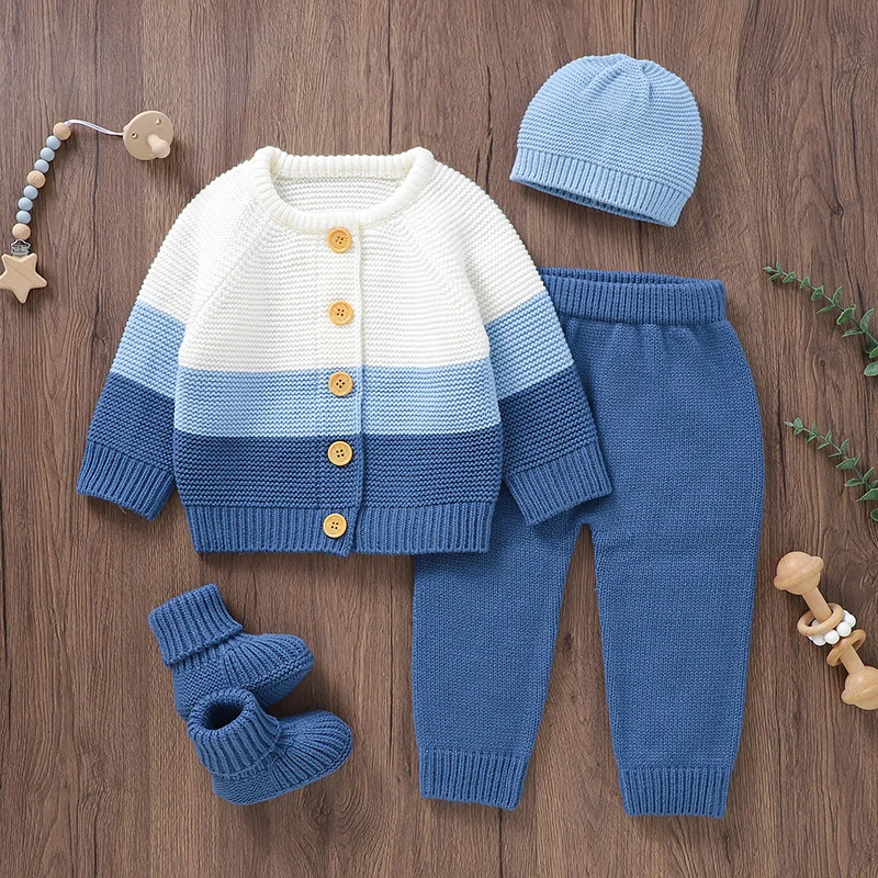 Babykleertjes Set 4 STKS Gebreide Baby Lange Mouw Trui + Broek + Hoed + Schoenen Mode Gestreepte Herfst Kid Tops Broek Cap Laarzen Warm