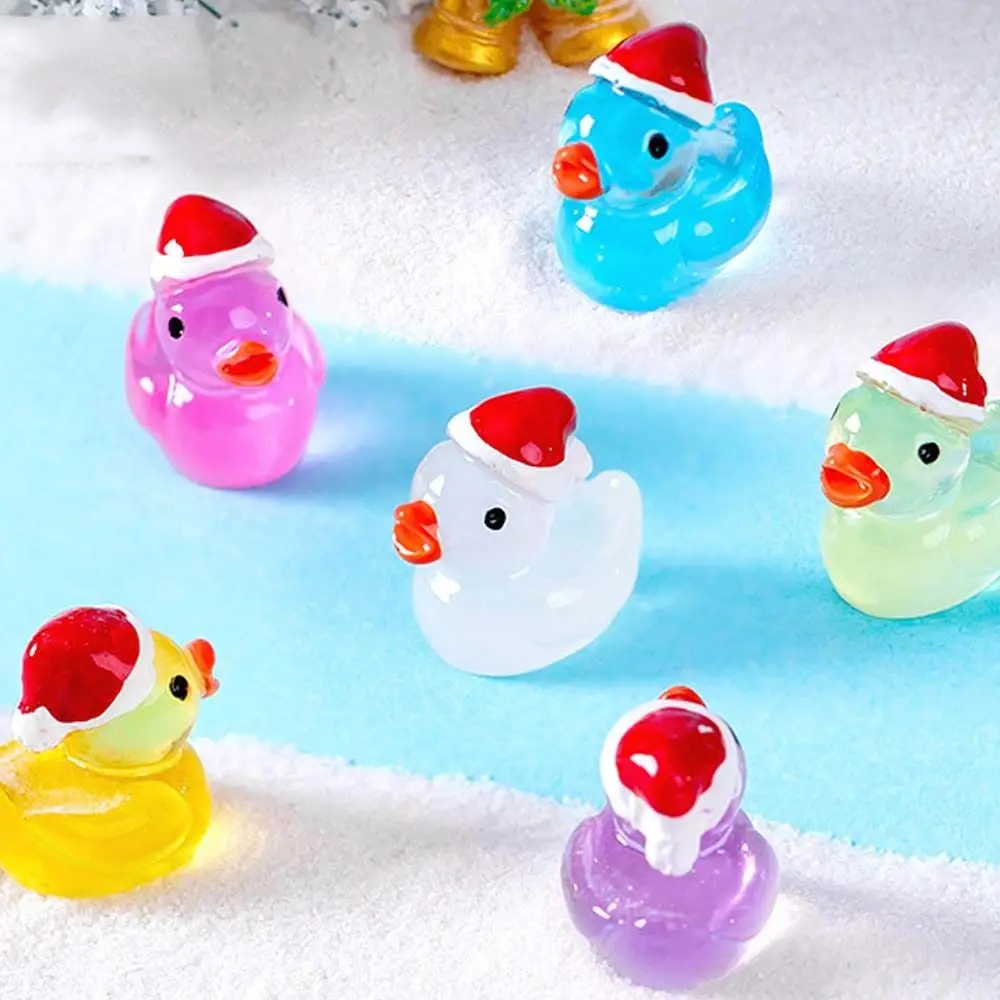 Cartoon Luminous Ducks Figurines with Christmas Hat Resin Crafts Duck Figurines Miniatures DIY Cute Mini Duck Statue