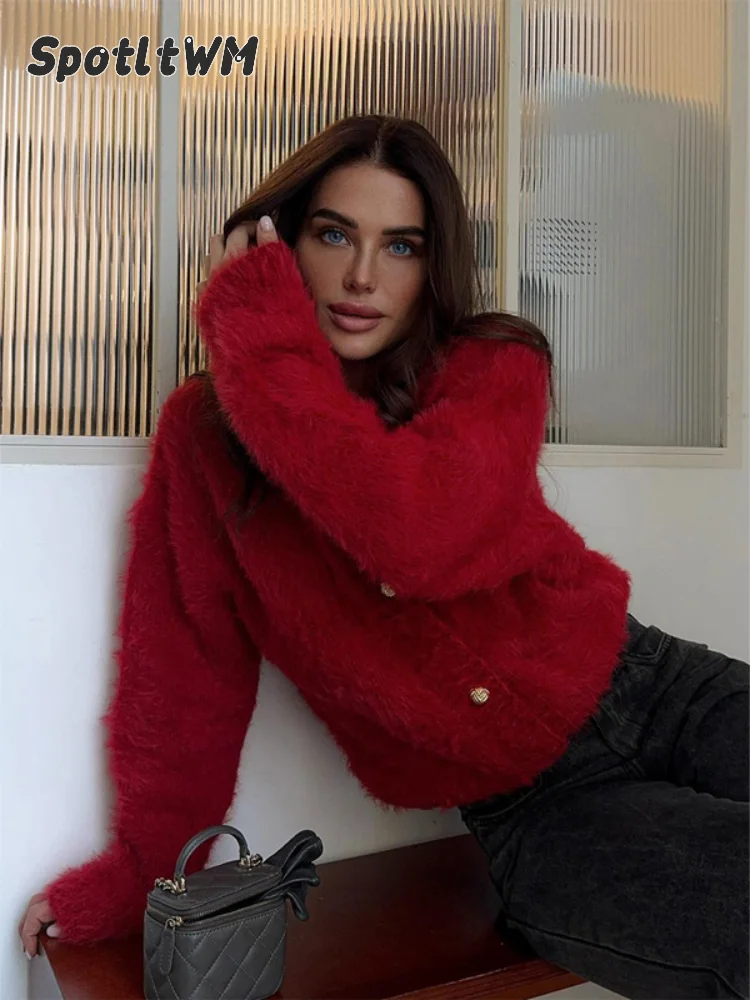 Women's Solid Plush Knitted Cardigan Thick Gold Button Round Neck Long Sleeve Coat Fall Winter Festive 2026 Lady Casual Jumper