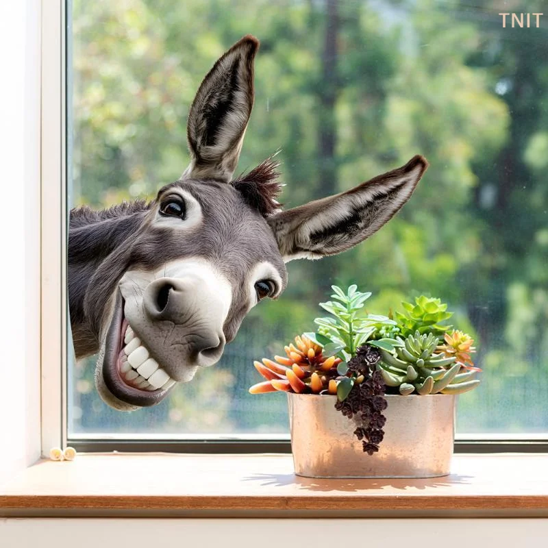 [J] Funny Grinning Donkey Window Sticker Waterproof Self Adhesive Easy Removal For Home Living Room Decor