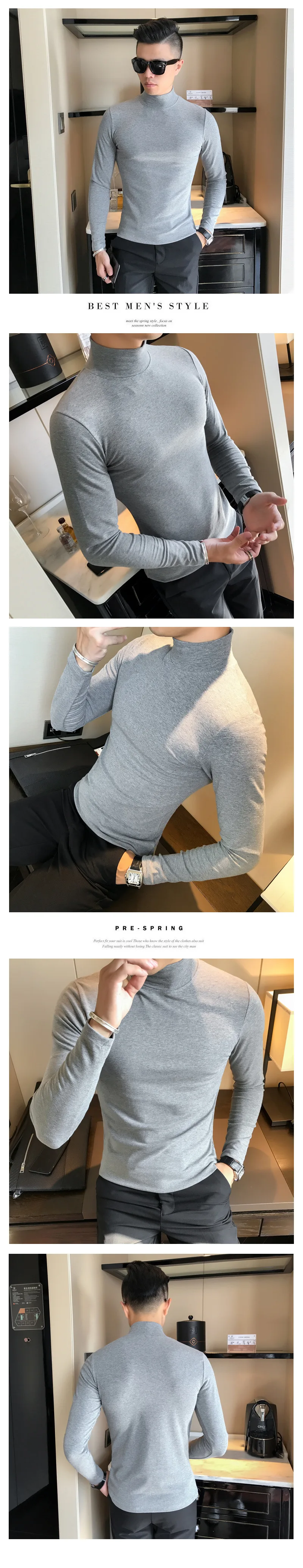 Frühling Neue männer Rollkragen T-shirt Langarm Slim Fit Einfarbig Hohe Elastische Bodenbildung Pullover Grundlegende Stil Männliche Tops – Detail 7