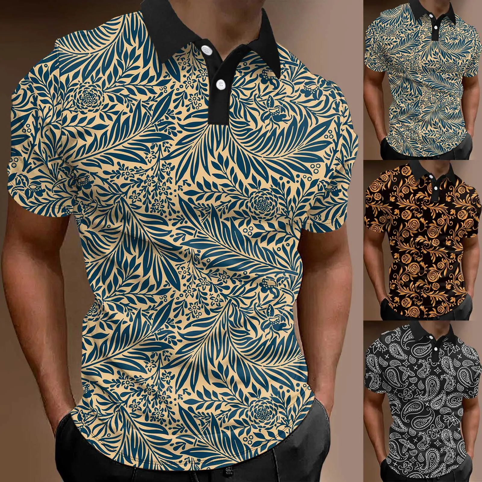 

Men Fashion Spring Summer Casual Short Sleeve Turndown Neck Printed T Shirts Top Blouse Casual slim fit