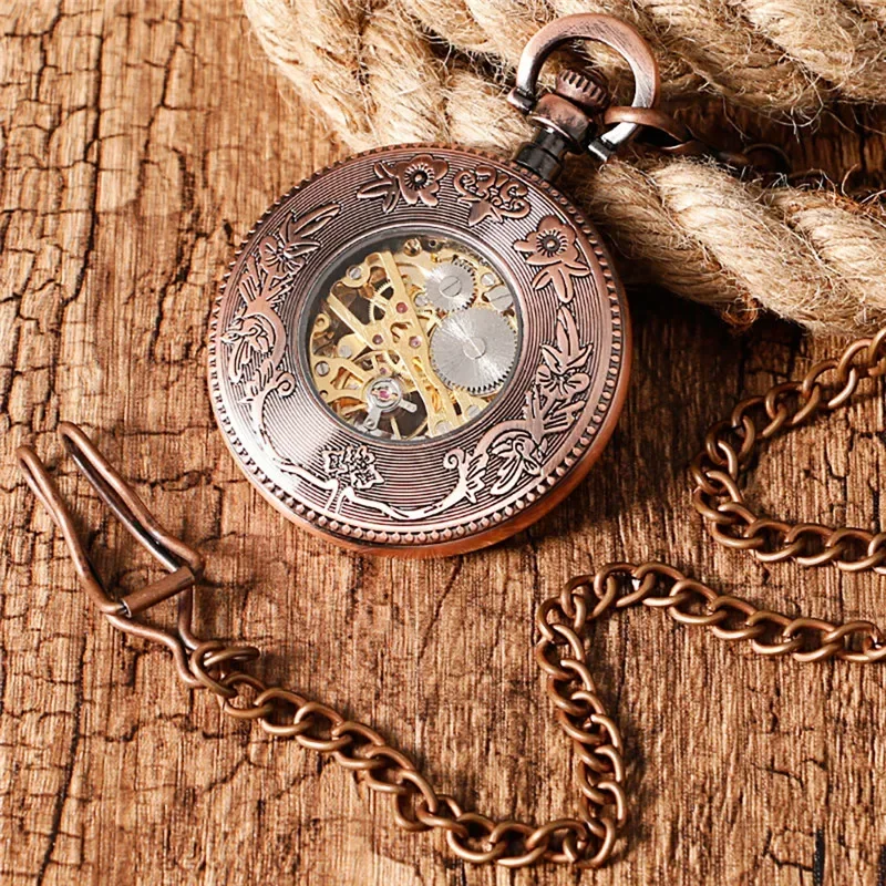 Classic Skeleton Handwinding Mechanical Pocket Watch for Men Women Roman Numeral Fob Pendant Chain Timepiece Open Face Clock
