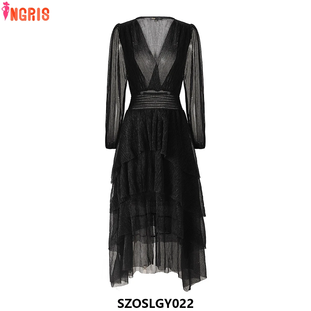 

New French black v-neck dress for spring and summer-SZOSLGY022