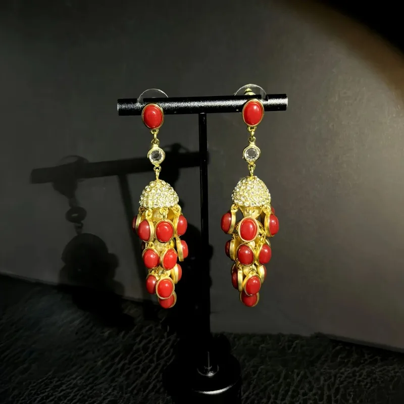

Exquisite Long Water Drop Fringed Clear Rhinestone Paved Light Luxury Modern Style Bright Red Resin Earrings
