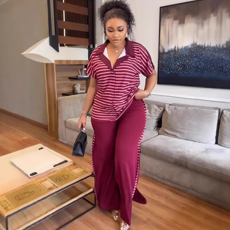 

Striped Print Two Piece Set for Woman Loungewear Short Sleeve Turn-down Collar Top and Wide Leg Pants Casual Summer Outfit 2025