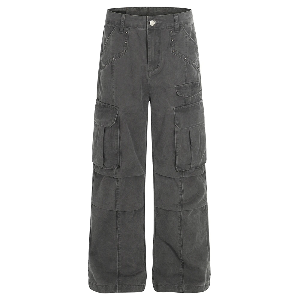 Men's Multi-Pocket Cargo Jeans Streetwear Rivet Gray Pants Loose Wide Leg Trousers High Quality