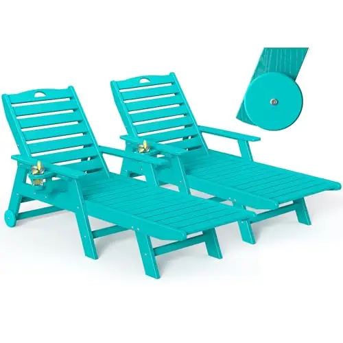 Outdoor Chaise Lounge Chair Set of 2 with Wheels & Cup Holder, HDPE Pool Lounge Chairs with 5-Position Adjustable