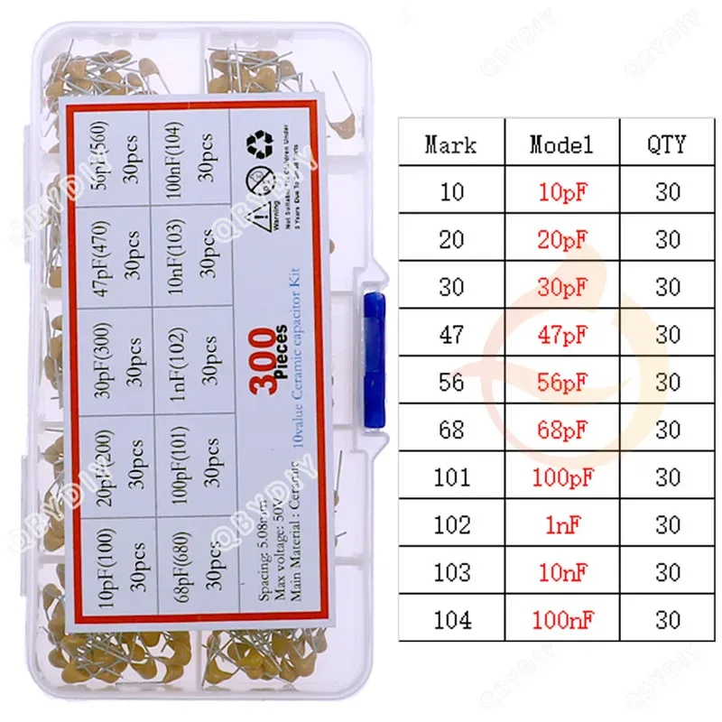 Multilayer ceramic capacitor kit 50V (100~106) 10pF~10uF 102 103 104 105 22pF 47pF 68pF 1nF 10nF 100nF 0.1uF 1uF P=5.08mm