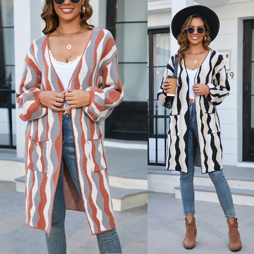 

2026 Spring New Long Sweater Splicing Fashion Knitted Cardigan Pocket Coat
