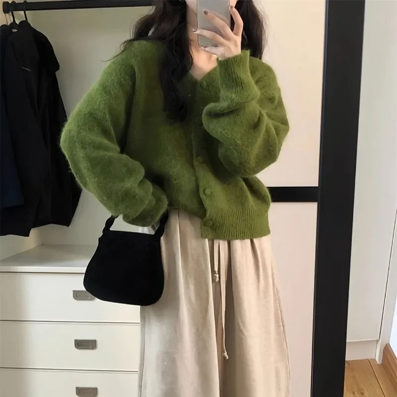 Ezgaga Knitted Cardigan Women Autumn Winter Fashion Loose Solid V Neck Outwear Cropped Sweater Vintage Sweet Female Tops