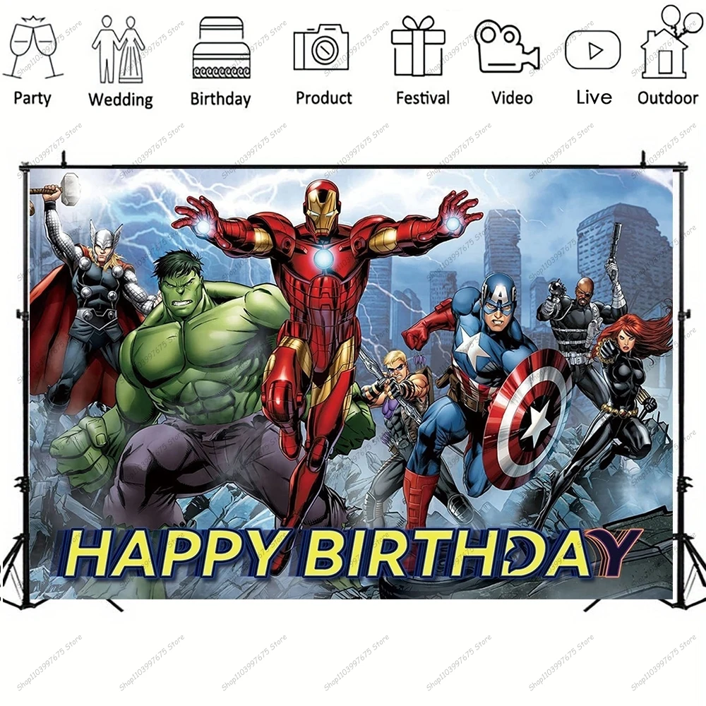 MARVEL Photography Backgrounds Spiderman Iron Man Hulk Vinyl Backdrop Children\'s Birthday Cake Table Decor Banner Party Supplies