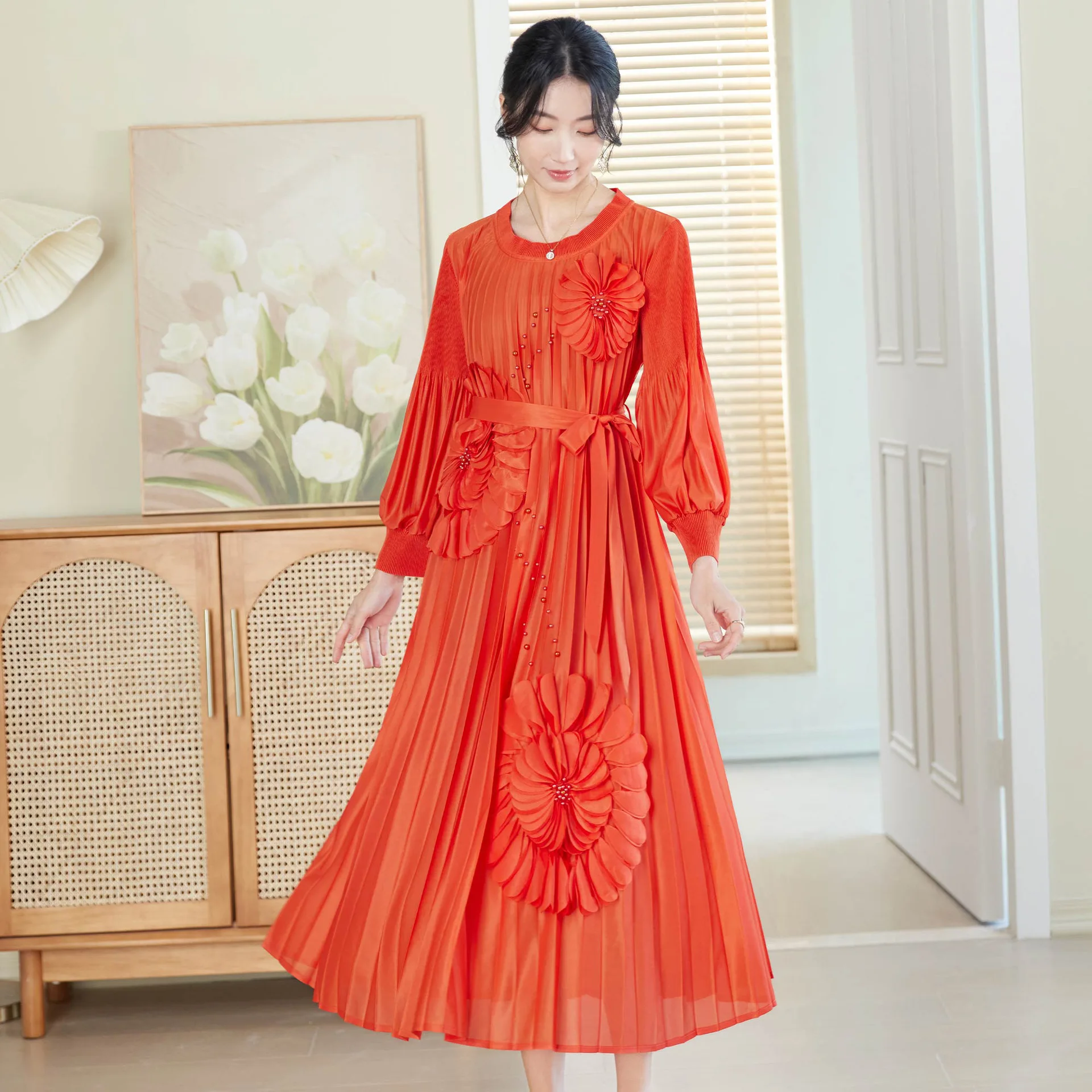 

Miyake Pleated Dress for Women 2025 Spring New 3D Ordering Round Neck Lantern Sleeve Lace-up Elegant French Pleated Skirt