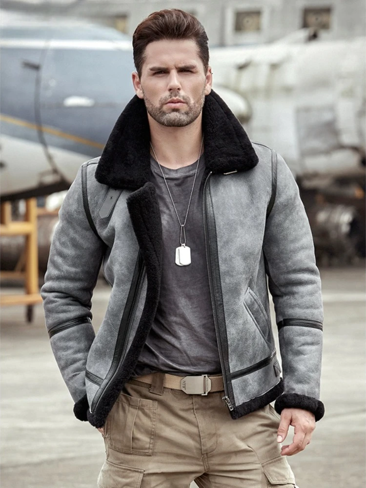 

Men's sheepskin sheared wool jacket motorcycle fur coat short leather coat short winter parka coat
