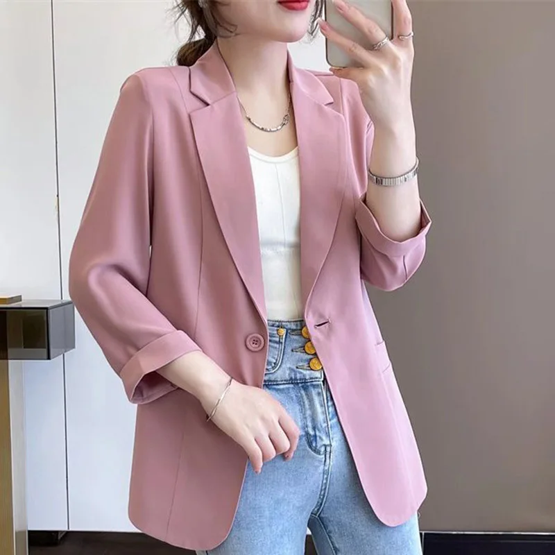 Elegant Solid Color Button Spliced Pockets All-match Blazer Women Clothing 2023 Autumn New Casual Tops Loose Casual Blazers