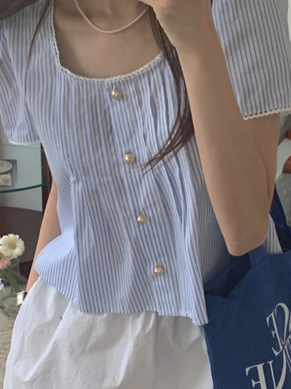 

Шикарный летний винтажный синий полосатый лоскутный топ с рюшами в Корейском стиле, облегающий топ Bubble Sve ort Length, милый топ для девочек