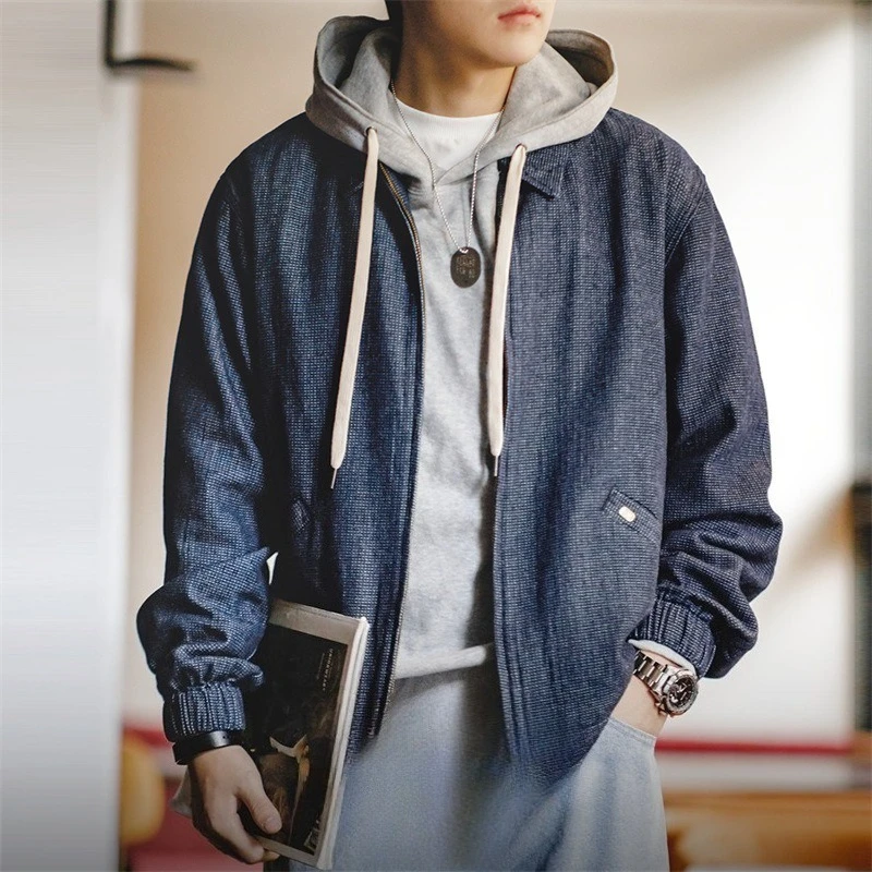 

Cowboy Woven Grid Tops New Spring and Autumn Retro Denim Jacket Loose Lapel Zippers Jacket Men’s Fashion Short Styles Blue Coats