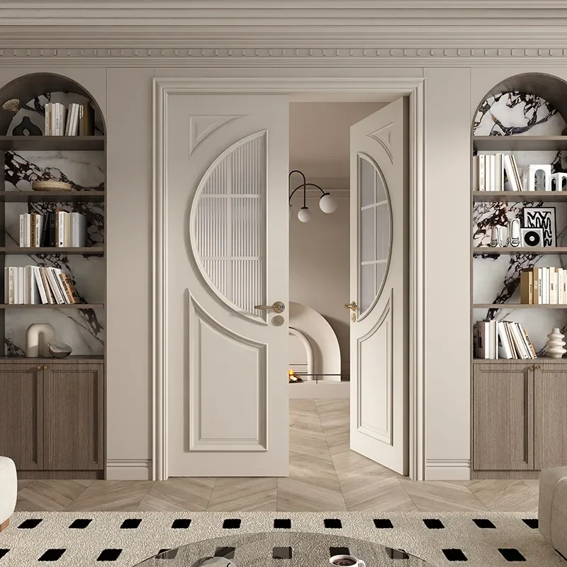 Solid Wood Composite Painted Flat Double Door French Style Curved Buckle Line for Bedroom Study Entryway High Aesthetic Value