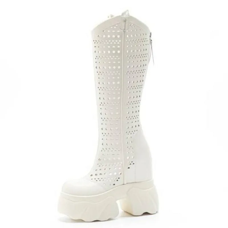 

Ботильоны 12 см из микрофибры, весенне-летние модные ботильоны до колена, сандалии на танкетке и плоской подошве, женские скрытые высокие туфли