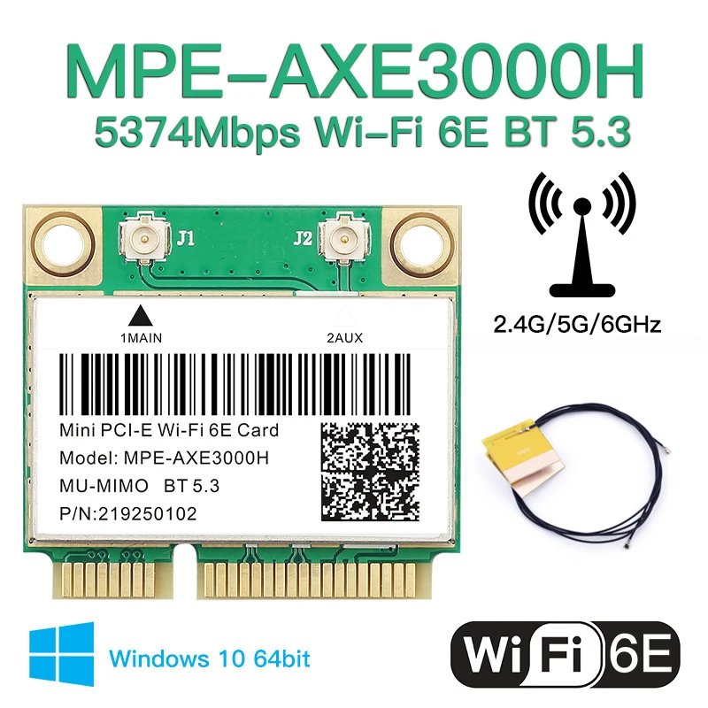 

Tri Band 5374Mbps AX210 Mini pcie Wifi 6E Wireless Network Card AXE3000H BT5.3 With Antenna 2.4G/5G/6G 802.11ax MU-MIMO Win10/11