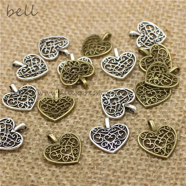 100Pcs 15*16mm Hollow Filigree Heart Charms Three Color Vintage Metal  Trendy Heart Pendant for Jewelry