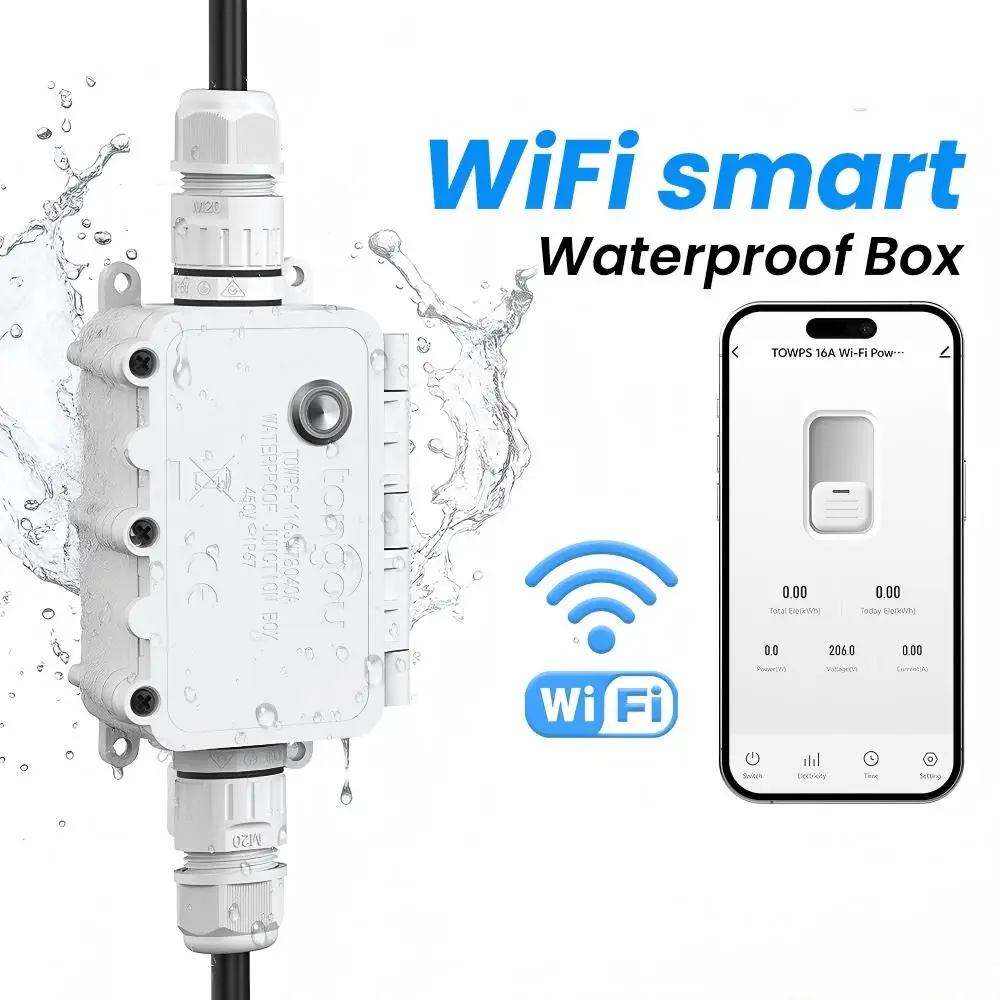 Tuya WiFi مفتاح ذكي IP67 صندوق وصلات مقاوم للماء مراقبة الطاقة 1-16A مفتاح مؤقت قابل للتعديل الجهد والحماية الحالية