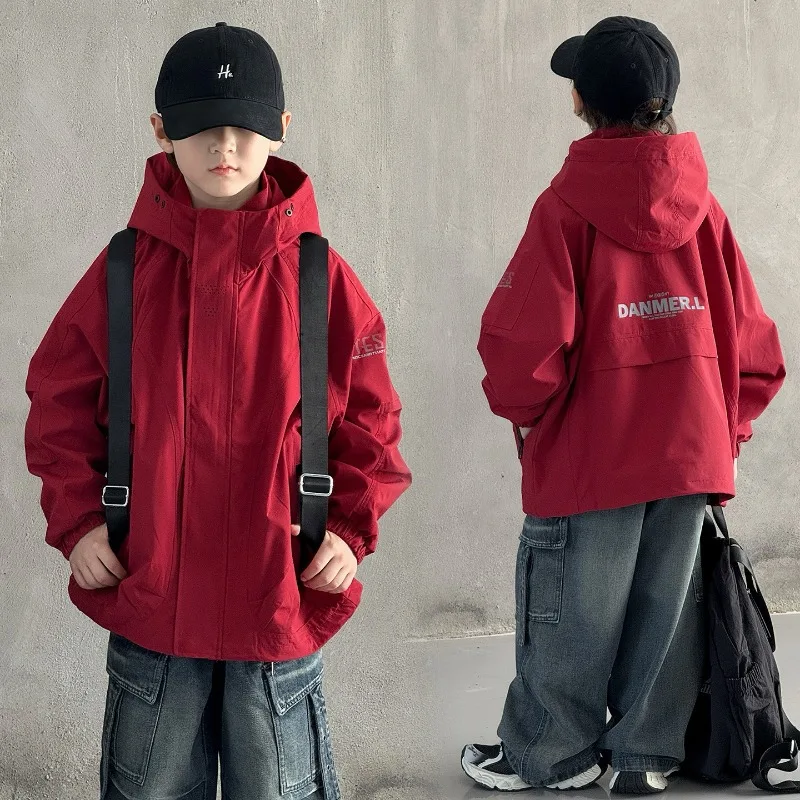 ZOETOPKID Boys Spring Autumn Windbreaker Jacket Children's Fashion Soft Polyester Fabric Zipper Closure Long Sleeve Hooded Coat