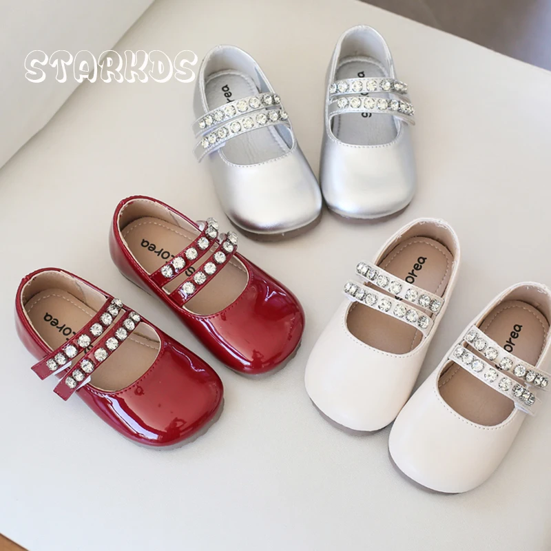 Red Patent Leather Ballet Flats Baby Girls Luxury Crystal Studs Mary Jane Shoes Kids Round Toe Rhinestone Wedding Party Zapatos