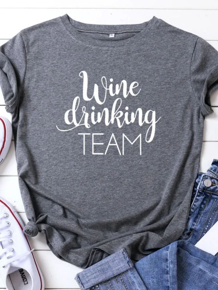 Wine Drinking TEAM Letter Print Women T Shirt Short Sleeve O Neck Loose Women Tshirt Ladies Tee Shirt Tops Camisetas Mujer