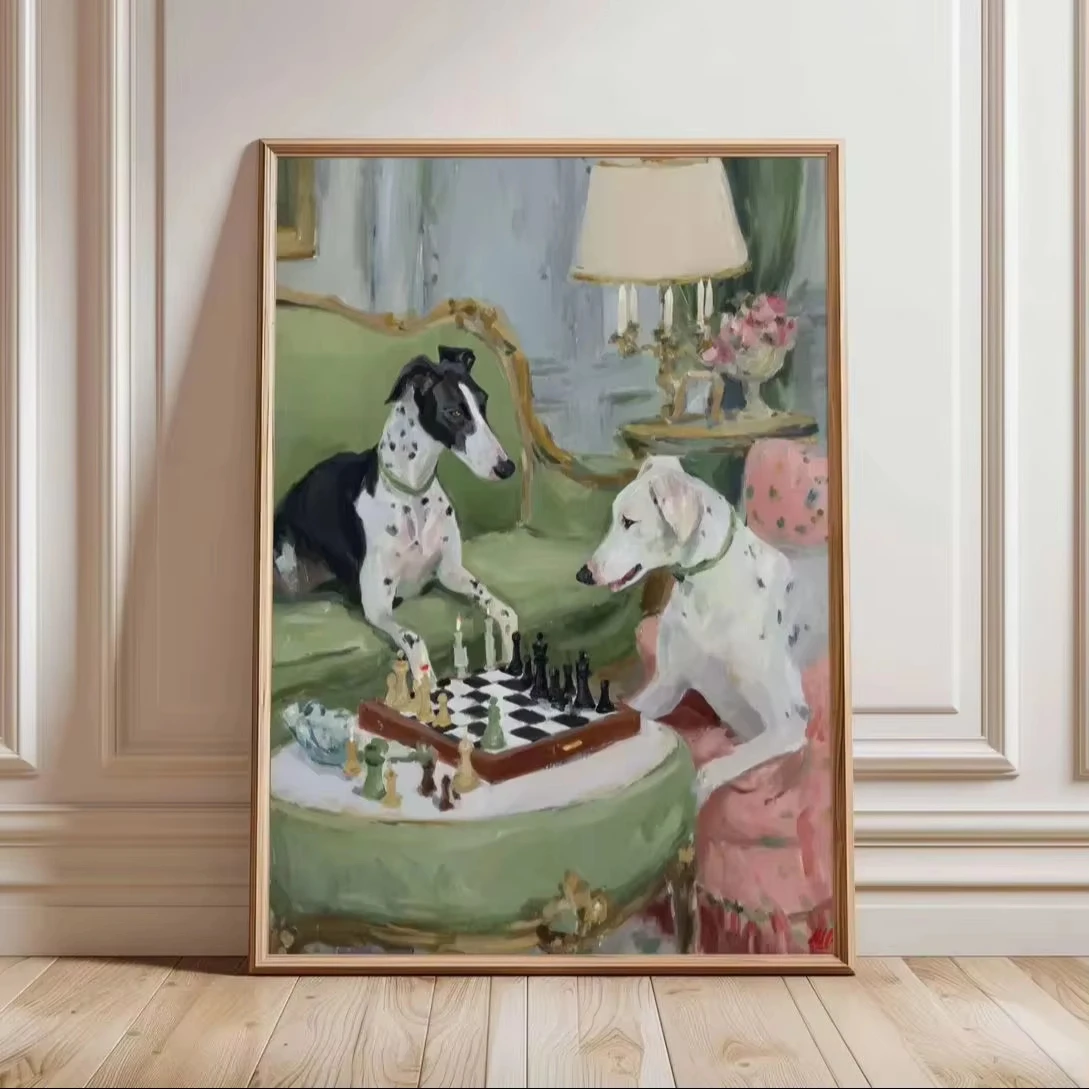 Oil Painting Abstract Two Spotted Dogs Playing Chess By Numbers Modern Wall Decor for Living Room Bedroom Gift No Frame