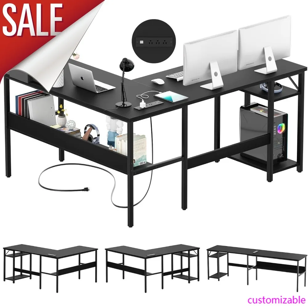 Reversible L Shaped Computer Desk With Magic Power Outlet, Sturdy Office Corner Desk, L Shape Gaming Table With Storage Shelf, B