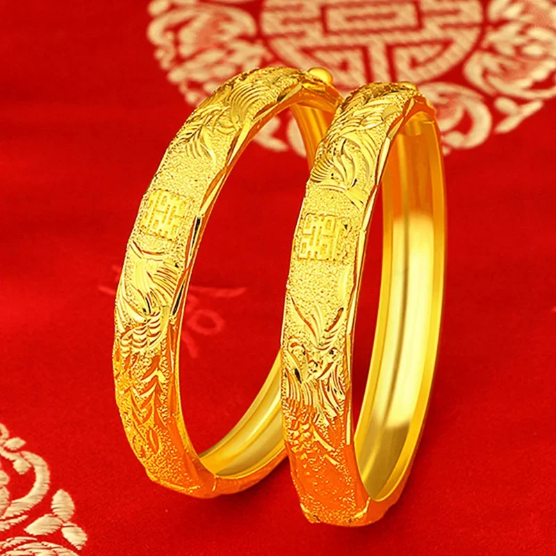 UMQ 24K gelang kuning emas untuk wanita, Gelang Phoenix Naga sederhana gelap perhiasan halus ibu hadiah pacar