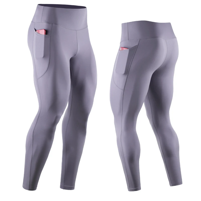 Men's Sports Running Leggings Tights With Pocket High Waist Compression Pants Sportswear Basketball Gym Rush Guard Fit