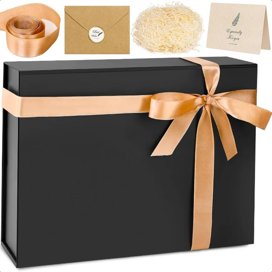 Geschenkbox 13 x 10 x 4 Zoll, große schwarze Geschenkbox mit Magnetdeckel für Geburtstagsgeschenke, enthält Kartenband, geschredderter Papierfüller
