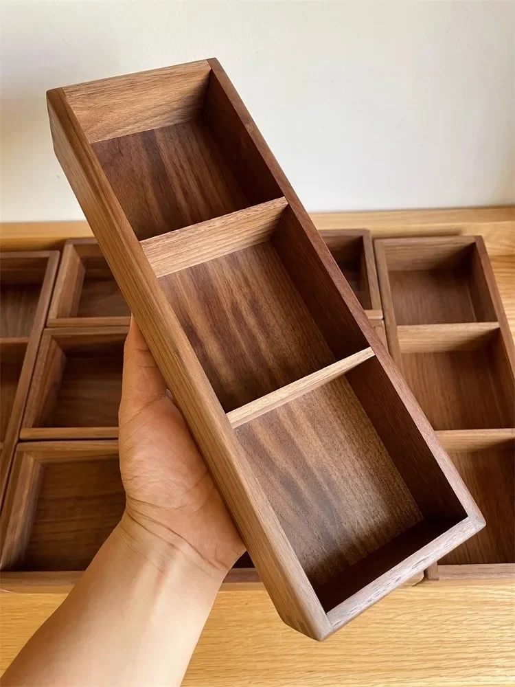 Black Walnut 3-Grids Table Organizer Solid Wood Entryway Storage Box for Sundries Office Desk Cards Box