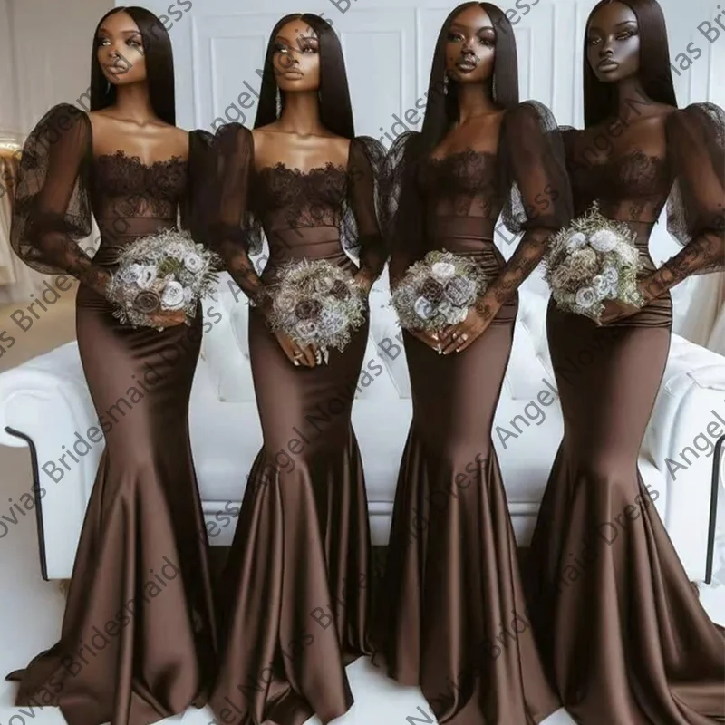 

Customized Long Sleeves Mermaid Brown Bridesmaid Dresses Wedding Guest Party Dress vestido de madrinha de casamento