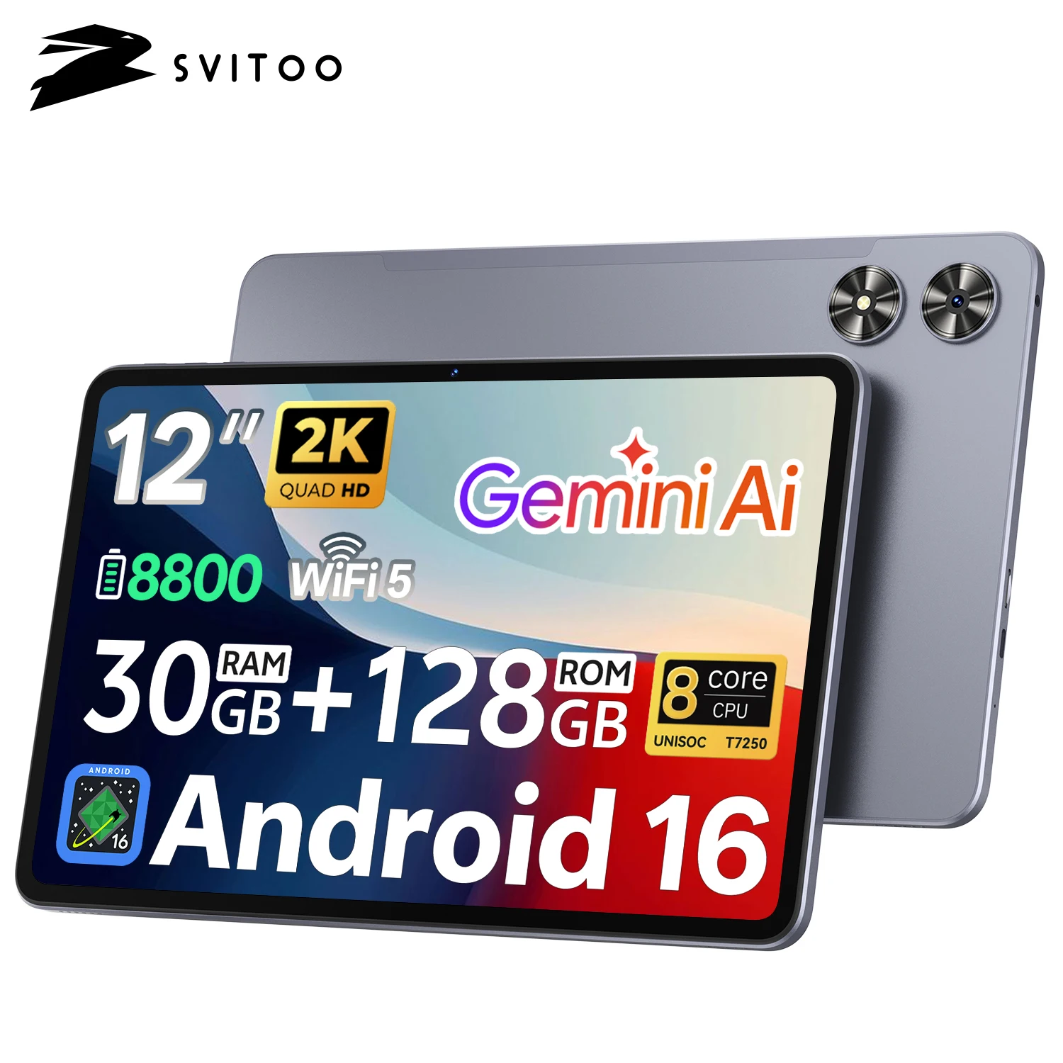 SVITOO Tablet 2026 Android 16 12 Inch 2000 x 1200 2K Display IPS Large Screen Unisoc T7250 Octa-Core Processor 6GB Physical RAM + 24GB Virtual RAM 128GB ROM 1TB Expandable 8800mAh Battery 2.4GHz 5GHz Dual Band WiFi 5 Bluetooth 5.0 GPS Widevine L1