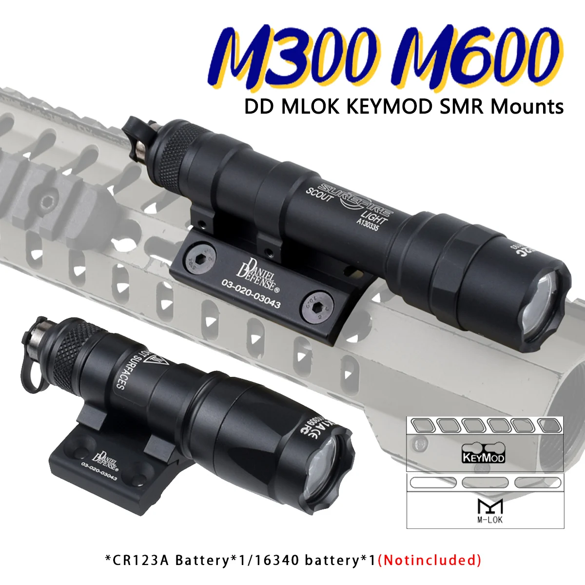 

Tactical Surefire M300 M600 Metal Flashlight LED White Light With DD Offset Mount Base Fit Mlok Keymod SMR 20MM Rail