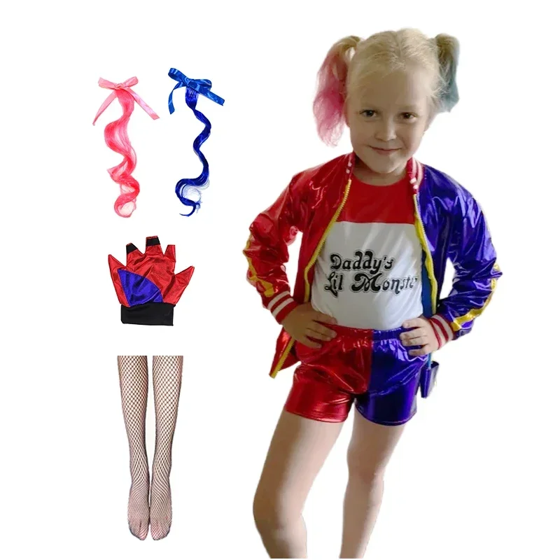 Kids Girls Harley Cosplay Costumes  Top T-shirt Jacket Wigs Anime Cosplay Uniforms Halloween