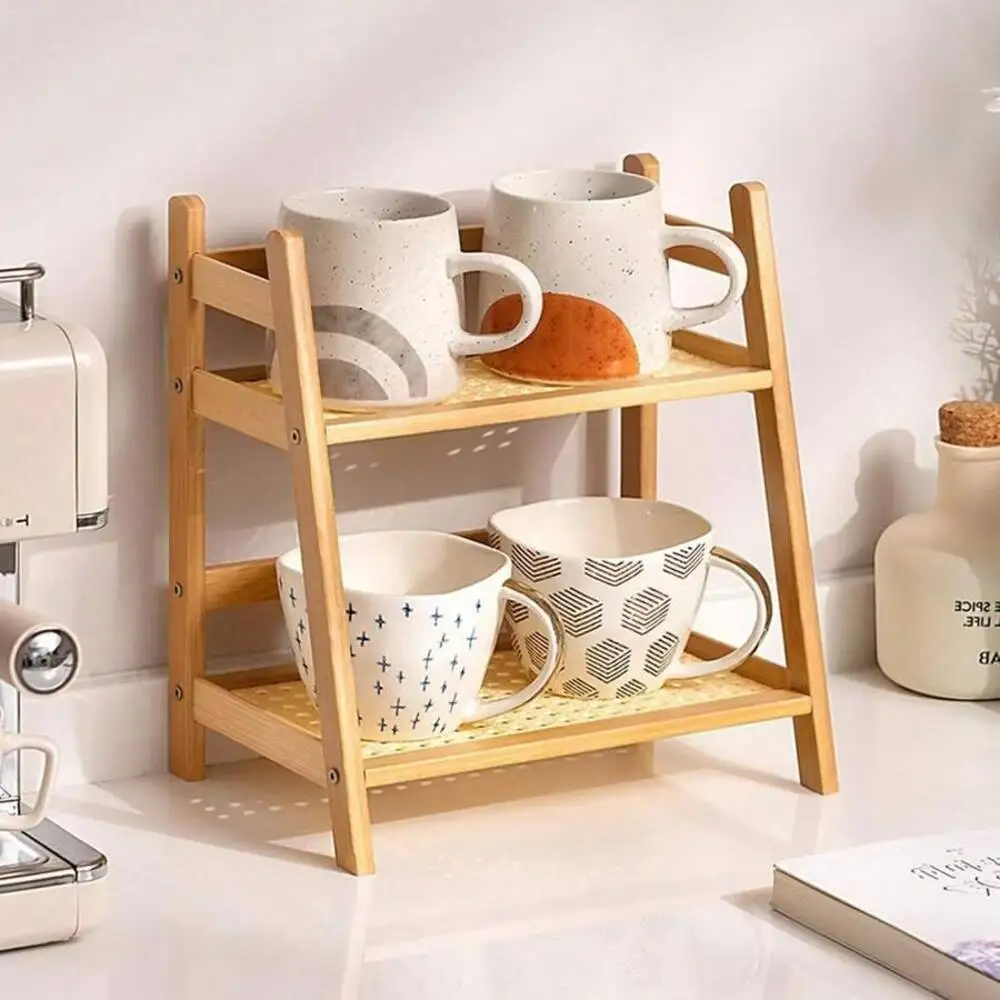 2-Tier Bamboo Countertop Storage Rack, Wooden Desktop Organizer Shelf, Coffee Cup & Condiment Display Stand For Kitchen Coffee Bar view 4