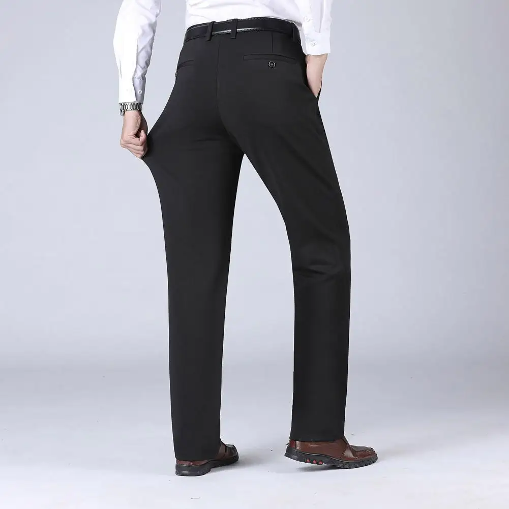 Calça reta de pelúcia quente masculina, calça elegante para negócios, cintura alta, crotch profundo, bolsos aconchegantes, terno com bolsos