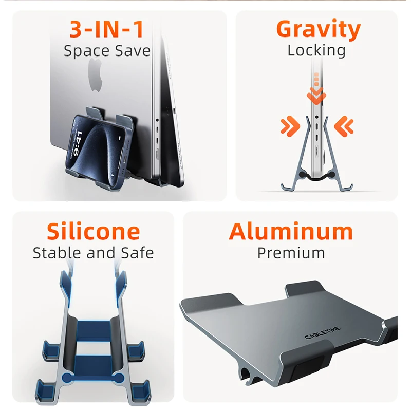 CABLETIME ขาตั้งแล็ปท็อปแนวตั้งที่วางแรงโน้มถ่วงขาตั้งอลูมิเนียมอัลลอยด์รองรับโน้ตบุ๊คสําหรับ MacBook Pro Air Surface Dell HP Holder